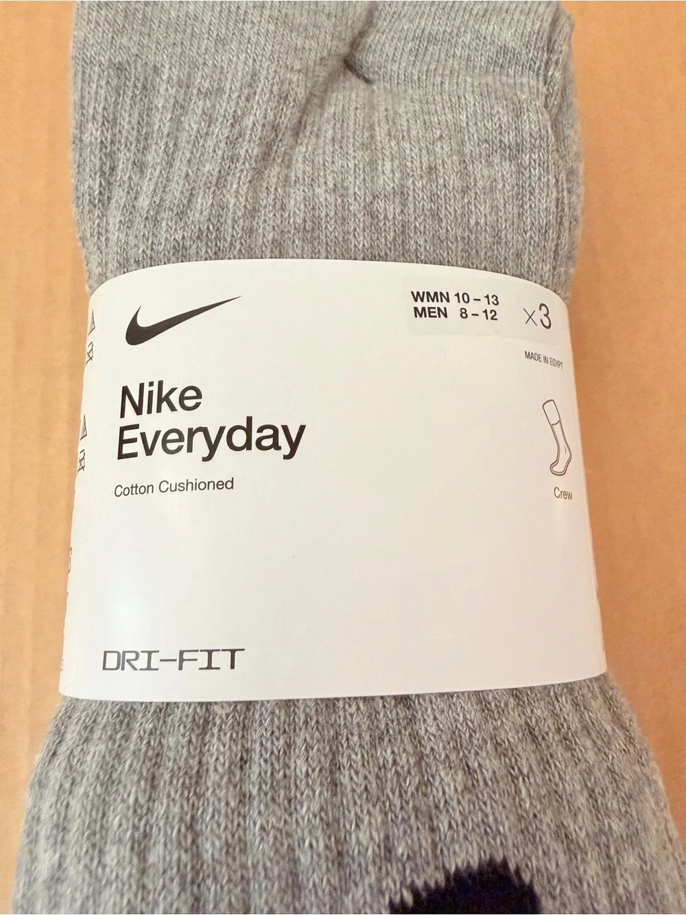 Nike Everyday Cotton Cushioned Dri- Fit Crew Socks 3 Pairs Gray Size L (8-12)
